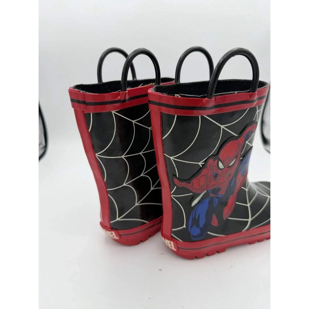 Marvel Spider-Man Kids Rain Boots Size 10 M Black Red Pull Handles.       1789